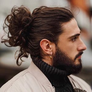 half up hairstyle for men with long beard