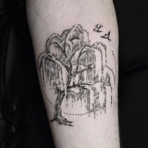 Small Willow Tree Nature Tattoo Design Idea