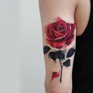 bright red rose watercolor tattoos